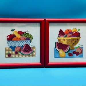 Colorful Fruit Cross-Stitch Art in Red Frames